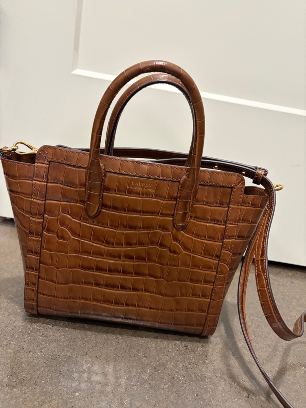 Lauren Ralph Lauren Brown Croc-Embossed Satchel with Detachable Strap